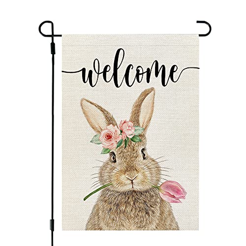 CROWNED BEAUTY Easter Brown Bunny Garden Flag 12x18 Inch Double Sided for Outside Burlap Small Welcome Yard Holiday Flag CF701-12