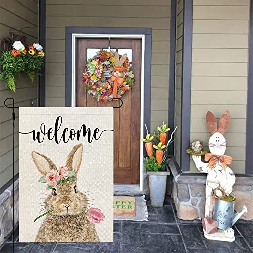 CROWNED BEAUTY Easter Brown Bunny Garden Flag 12x18 Inch Double Sided for Outside Burlap Small Welcome Yard Holiday Flag CF701-12