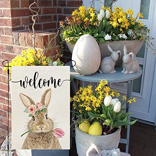 CROWNED BEAUTY Easter Brown Bunny Garden Flag 12x18 Inch Double Sided for Outside Burlap Small Welcome Yard Holiday Flag CF701-12