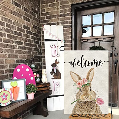 CROWNED BEAUTY Easter Brown Bunny Garden Flag 12x18 Inch Double Sided for Outside Burlap Small Welcome Yard Holiday Flag CF701-12