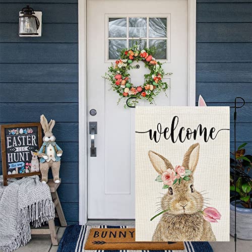 CROWNED BEAUTY Easter Brown Bunny Garden Flag 12x18 Inch Double Sided for Outside Burlap Small Welcome Yard Holiday Flag CF701-12