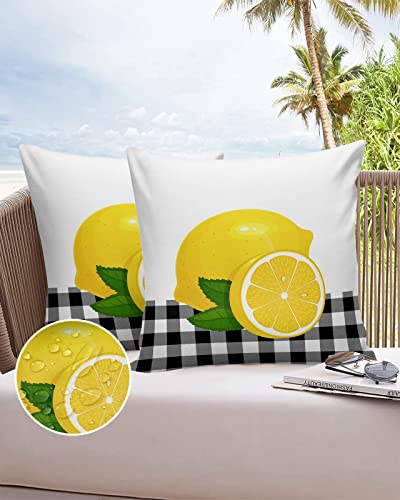 Vandarllin Outdoor Throw Pillows Covers 18X18 Set of 2 Waterproof Lemon Summer Fruit Decorative Zippered Lumbar Cushion Covers for Patio Furniture, Black White Buffalo Check Plaid