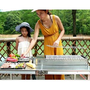 NEWCES Barbecue Desk Charcoal Grill Brushed Stainless Steel Charcoal Shish Kebab Grill BBQ Grill 2 Shelves Broil Roasting Kebab Rack for Garden Backyard Camping Tabletop Barbecue