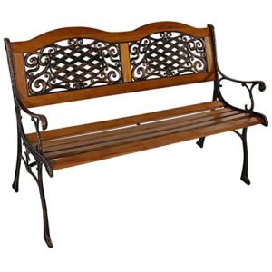 sunnydaze 2-person garden bench – cast iron and wood frame with ivy crossweave design – 49-inch outdoor patio furniture – perfect for deck, porch, balcony, backyard or garden