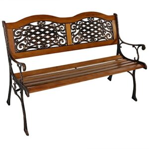 Sunnydaze 2-Person Garden Bench - Cast Iron and Wood Frame with Ivy Crossweave Design - 49-Inch Outdoor Patio Furniture - Perfect for Deck, Porch, Balcony, Backyard or Garden