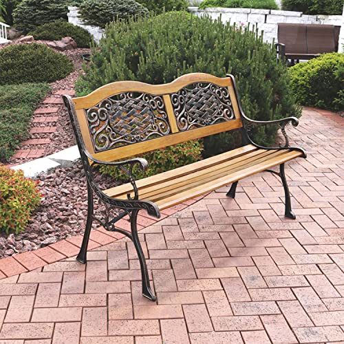 Sunnydaze 2-Person Garden Bench - Cast Iron and Wood Frame with Ivy Crossweave Design - 49-Inch Outdoor Patio Furniture - Perfect for Deck, Porch, Balcony, Backyard or Garden