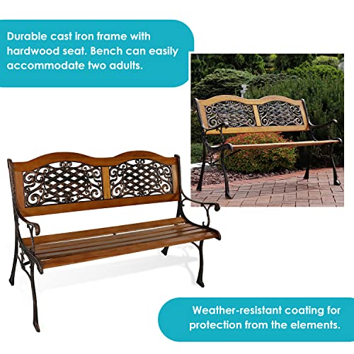 Sunnydaze 2-Person Garden Bench - Cast Iron and Wood Frame with Ivy Crossweave Design - 49-Inch Outdoor Patio Furniture - Perfect for Deck, Porch, Balcony, Backyard or Garden