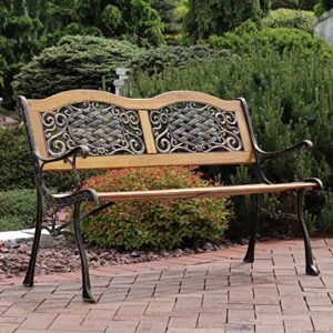 Sunnydaze 2-Person Garden Bench - Cast Iron and Wood Frame with Ivy Crossweave Design - 49-Inch Outdoor Patio Furniture - Perfect for Deck, Porch, Balcony, Backyard or Garden