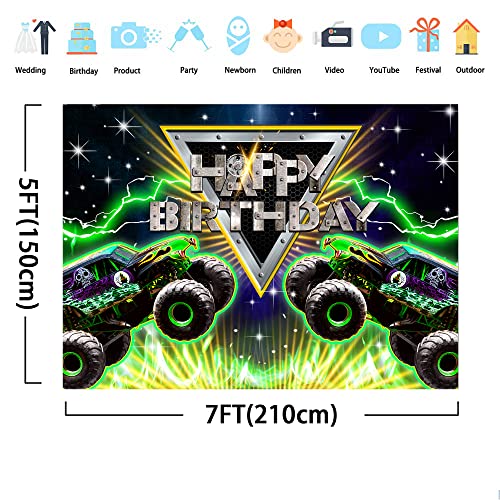 SVBright Green Truck Backdrop 7Wx5H Monster Racing Car Stadium Auditorium Light Terrain Vehicle Locomotive Boys Happy Birthday Decorations Photography Background Banner Photo Booth Studio