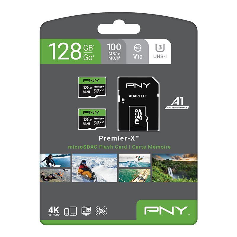 PNY 128GB Premier-X Class 10 U3 V30 microSDXC Flash Memory Card 2-Pack - 100MB/s, Class 10, U3, V30, A1, 4K UHD, Full HD, UHS-I, micro SD