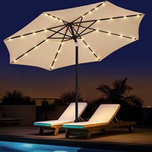 wikiwiki 10ft outdoor patio table umbrella, sturdy solar led market umbrella for deck, pool, garden w/tilt, crank, 32 led lights – beige