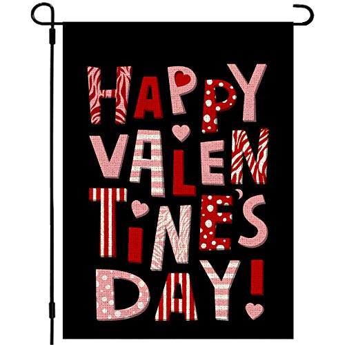 Whaline Happy Valentine's Day Garden Flag Valentine Words Burlap Yard Flag Waterproof Double-Sided Black Outdoor Sign for Home Farmhouse Yard Decoration, 12.5 x 18 Inch