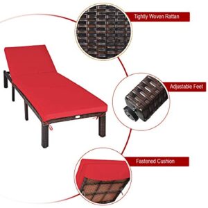 Tangkula Rattan Wicker Chaise Lounge Chair, Outdoor Patio Lounger Recliner Chair w/Adjustable Backrest, Heavy-Duty Reclining Chair Sunbed with Thick Zippered Cushion for Garden Yard Patio (1, Red)