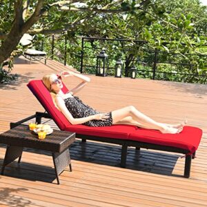 Tangkula Rattan Wicker Chaise Lounge Chair, Outdoor Patio Lounger Recliner Chair w/Adjustable Backrest, Heavy-Duty Reclining Chair Sunbed with Thick Zippered Cushion for Garden Yard Patio (1, Red)