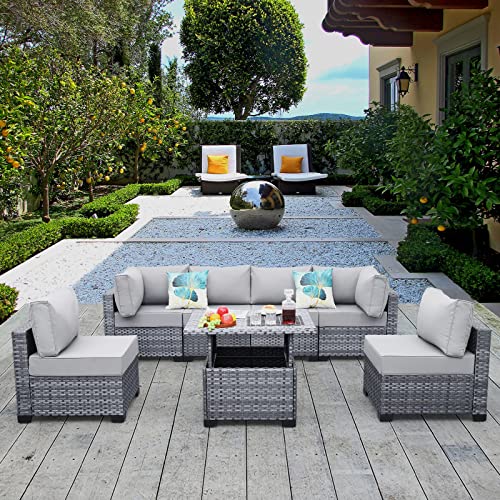 Lviden 7 Pieces PE Wicker Patio Furniture Set Outdoor Sectional Conversation Sofa Set with Liftable Storage Table, Non-Slip Cushions and Furniture Cover, Light Grey