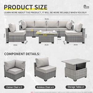 Lviden 7 Pieces PE Wicker Patio Furniture Set Outdoor Sectional Conversation Sofa Set with Liftable Storage Table, Non-Slip Cushions and Furniture Cover, Light Grey