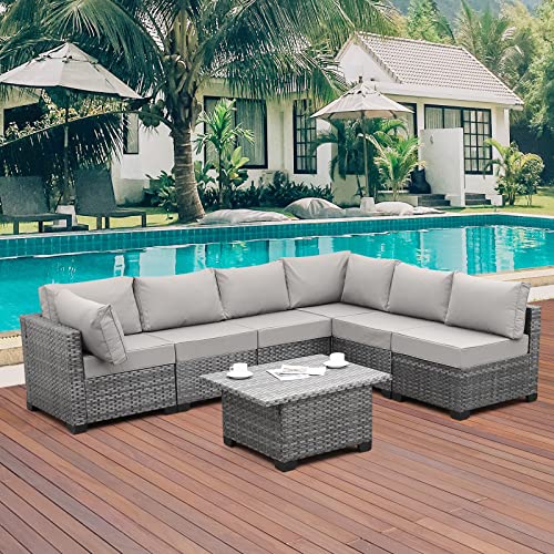 Lviden 7 Pieces PE Wicker Patio Furniture Set Outdoor Sectional Conversation Sofa Set with Liftable Storage Table, Non-Slip Cushions and Furniture Cover, Light Grey