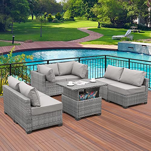 Lviden 7 Pieces PE Wicker Patio Furniture Set Outdoor Sectional Conversation Sofa Set with Liftable Storage Table, Non-Slip Cushions and Furniture Cover, Light Grey