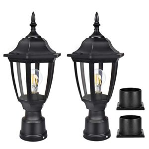 fudesy outdoor post lights, electric exterior lamp post light fixture with pier mount base, led bulb included, anti corrosion black plastic materials, 2-pack pole lanterns for garden, patio, pathway