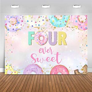mocsicka 4th donut birthday backdrop four ever sweet donut birthday party decoration background toddler girl 4th birthday party banner supplies (7x5ft (82×60 inch))