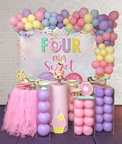 Mocsicka 4th Donut Birthday Backdrop Four Ever Sweet Donut Birthday Party Decoration Background Toddler Girl 4th Birthday Party Banner Supplies (7x5ft (82x60 inch))