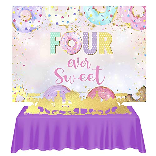 Mocsicka 4th Donut Birthday Backdrop Four Ever Sweet Donut Birthday Party Decoration Background Toddler Girl 4th Birthday Party Banner Supplies (7x5ft (82x60 inch))