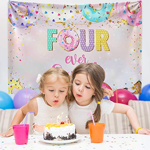 Mocsicka 4th Donut Birthday Backdrop Four Ever Sweet Donut Birthday Party Decoration Background Toddler Girl 4th Birthday Party Banner Supplies (7x5ft (82x60 inch))