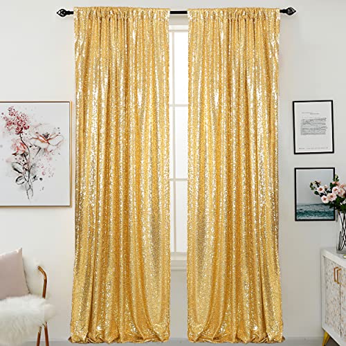 HELAKU Gold Sequin Backdrop Curtains - 2 Packs of 2.5x8ft Gold Glitter Curtains Sparkly Sequin Background for Wedding Birthday Baby Shower Decor Gold Sequence Backdrop Drapes