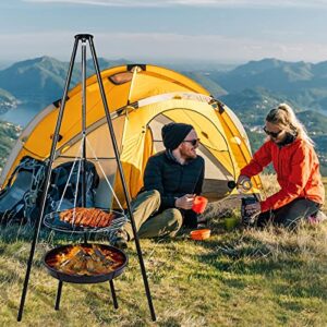 Nofaner 1 Set Tripod Grill Stove, Hanging Tripod Camping Stove Fire Pit Grill Adjustable Campfire Grill Furnace for Camping Garden BBQ, with Barbecue Net and Grill