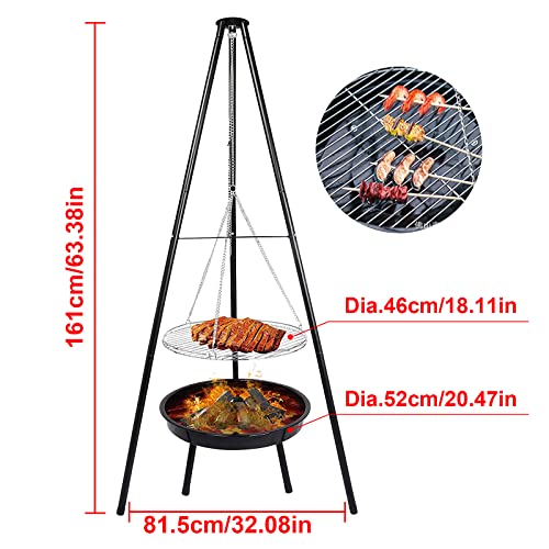 Nofaner 1 Set Tripod Grill Stove, Hanging Tripod Camping Stove Fire Pit Grill Adjustable Campfire Grill Furnace for Camping Garden BBQ, with Barbecue Net and Grill