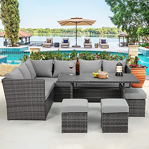 U-MAX 7 Piece Outdoor Patio Furniture Set, PE Rattan Wicker Sofa Set, Outdoor Sectional Furniture Set with Dining Table,Gray