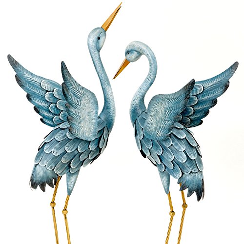 Bits and Pieces - Japanese Blue Heron Metal Garden Sculpture Set - Two Metal Cranes Perfect for Garden Décor - Metal Garden Art, Outdoor Lawn and Patio Décor, Backyard Sculpture, and Decoration