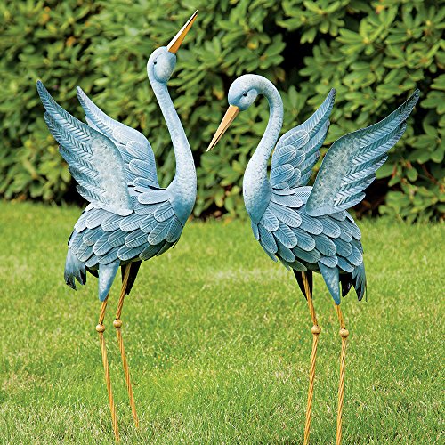 Bits and Pieces - Japanese Blue Heron Metal Garden Sculpture Set - Two Metal Cranes Perfect for Garden Décor - Metal Garden Art, Outdoor Lawn and Patio Décor, Backyard Sculpture, and Decoration