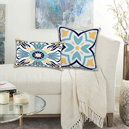 BOYSUM Set of 4 Outdoor Pillows Cover Waterproof Throw Pillow Covers Boho Cushion Cover for Patio Furniture 18x18 Inches Yellow