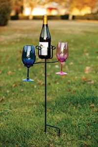 picnic plus wrought iron wine glass & bottle ground stake garden stake 30″ tall wine bottle holder made in usa