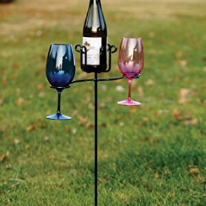 Picnic Plus Wrought Iron Wine Glass & Bottle Ground Stake Garden Stake 30" Tall Wine Bottle Holder Made in USA