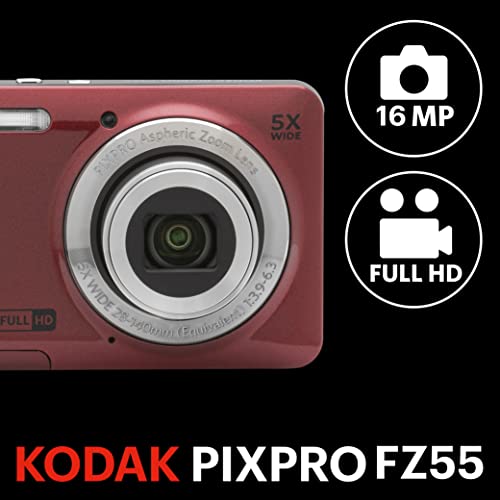 KODAK PIXPRO Friendly Zoom FZ55-RD 16MP Digital Camera with 5X Optical Zoom 28mm Wide Angle and 2.7" LCD Screen (Red)