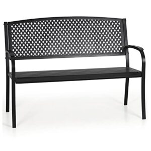 sophia & william outdoor garden bench patio park bench, steel metal frame furniture with lattice backrest and widened armrest for porch yard lawn deck