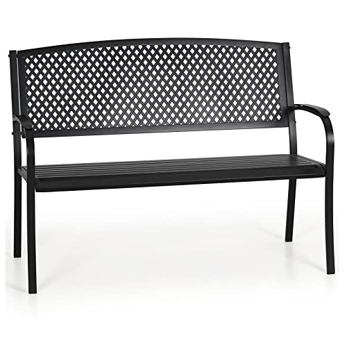 Sophia & William Outdoor Garden Bench Patio Park Bench, Steel Metal Frame Furniture with Lattice Backrest and Widened Armrest for Porch Yard Lawn Deck