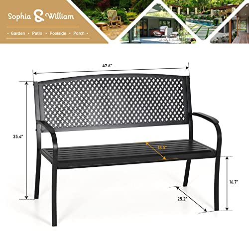 Sophia & William Outdoor Garden Bench Patio Park Bench, Steel Metal Frame Furniture with Lattice Backrest and Widened Armrest for Porch Yard Lawn Deck