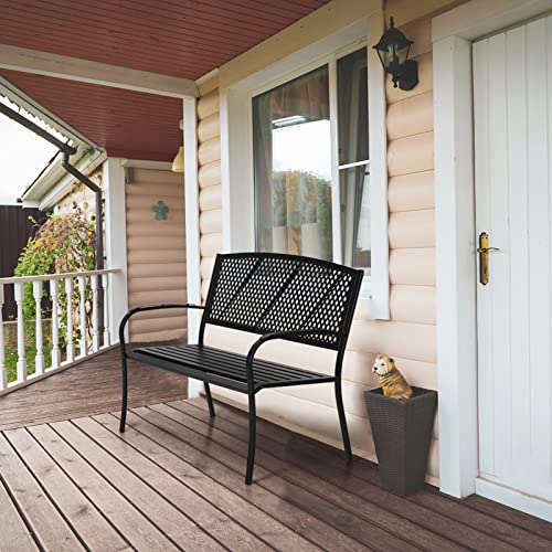 Sophia & William Outdoor Garden Bench Patio Park Bench, Steel Metal Frame Furniture with Lattice Backrest and Widened Armrest for Porch Yard Lawn Deck