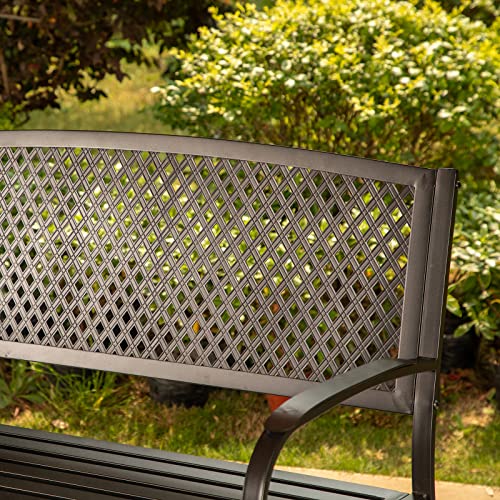 Sophia & William Outdoor Garden Bench Patio Park Bench, Steel Metal Frame Furniture with Lattice Backrest and Widened Armrest for Porch Yard Lawn Deck