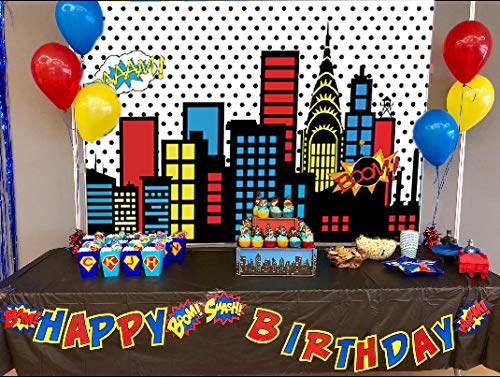 Art Studio 7x5ft Superhero Super City Photography Backdrops Skyline Buildings City Boom Photo Background Children Birthday Party Banner Photo Studio Booth Cake Table Decor Vinyl