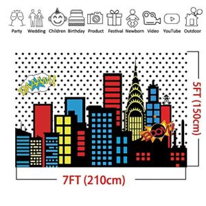 Art Studio 7x5ft Superhero Super City Photography Backdrops Skyline Buildings City Boom Photo Background Children Birthday Party Banner Photo Studio Booth Cake Table Decor Vinyl