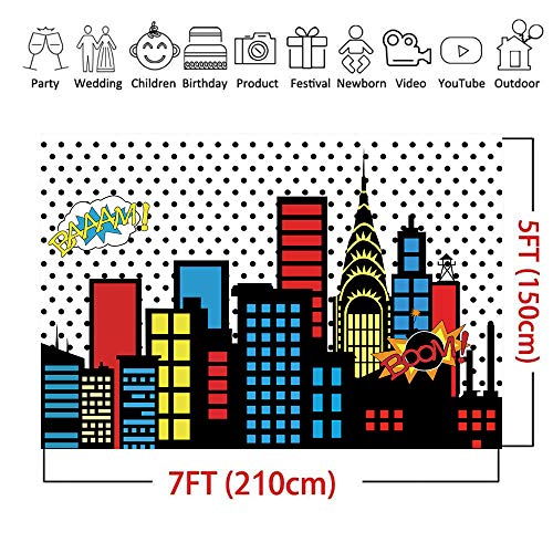 Art Studio 7x5ft Superhero Super City Photography Backdrops Skyline Buildings City Boom Photo Background Children Birthday Party Banner Photo Studio Booth Cake Table Decor Vinyl