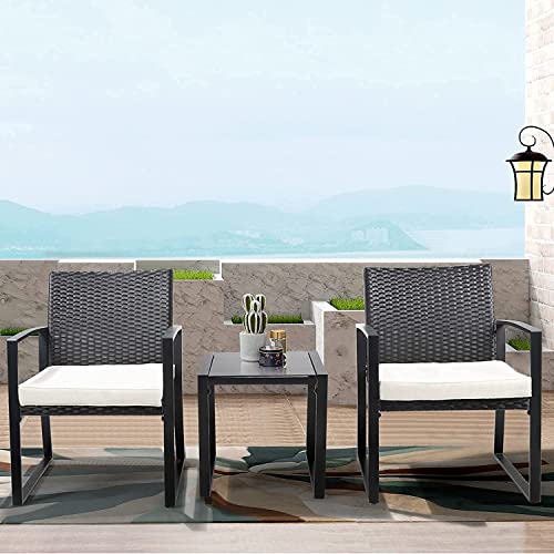 Oakmont 3 Pieces Patio Furniture Set Outdoor Conversation Furniture 2 Chairs with Glass Top Coffee Table Sets Beige Cushions Backyard, Pool, Garden