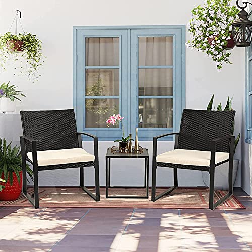 Oakmont 3 Pieces Patio Furniture Set Outdoor Conversation Furniture 2 Chairs with Glass Top Coffee Table Sets Beige Cushions Backyard, Pool, Garden
