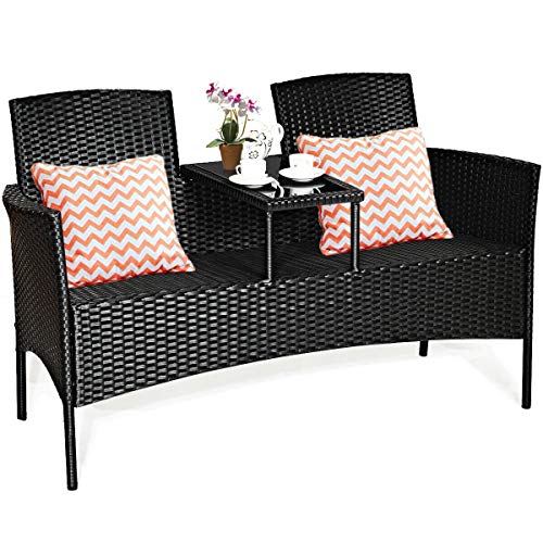 RELAX4LIFE Conversation Furniture Set with Table and Two Removable Cushions Rattan Wicker Chairs and Table Set for Patio,Garden, Baloney and Lawn Outdoor Porch Furniture Sets Loveseat (Black+Blue)