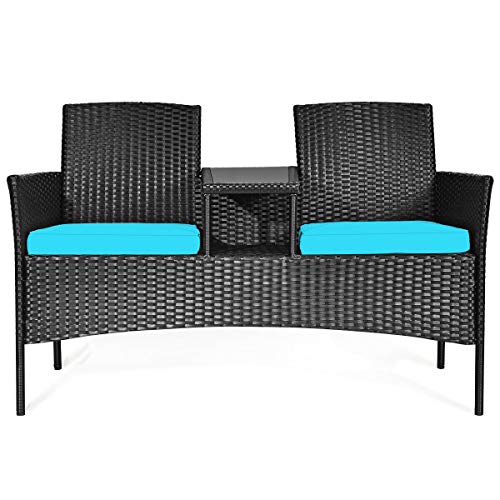 RELAX4LIFE Conversation Furniture Set with Table and Two Removable Cushions Rattan Wicker Chairs and Table Set for Patio,Garden, Baloney and Lawn Outdoor Porch Furniture Sets Loveseat (Black+Blue)