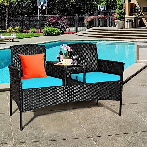 RELAX4LIFE Conversation Furniture Set with Table and Two Removable Cushions Rattan Wicker Chairs and Table Set for Patio,Garden, Baloney and Lawn Outdoor Porch Furniture Sets Loveseat (Black+Blue)